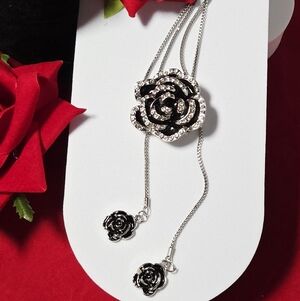 Long Black Rose Rhinestone Pendant Necklace | Gothic Floral Statement Jewelry